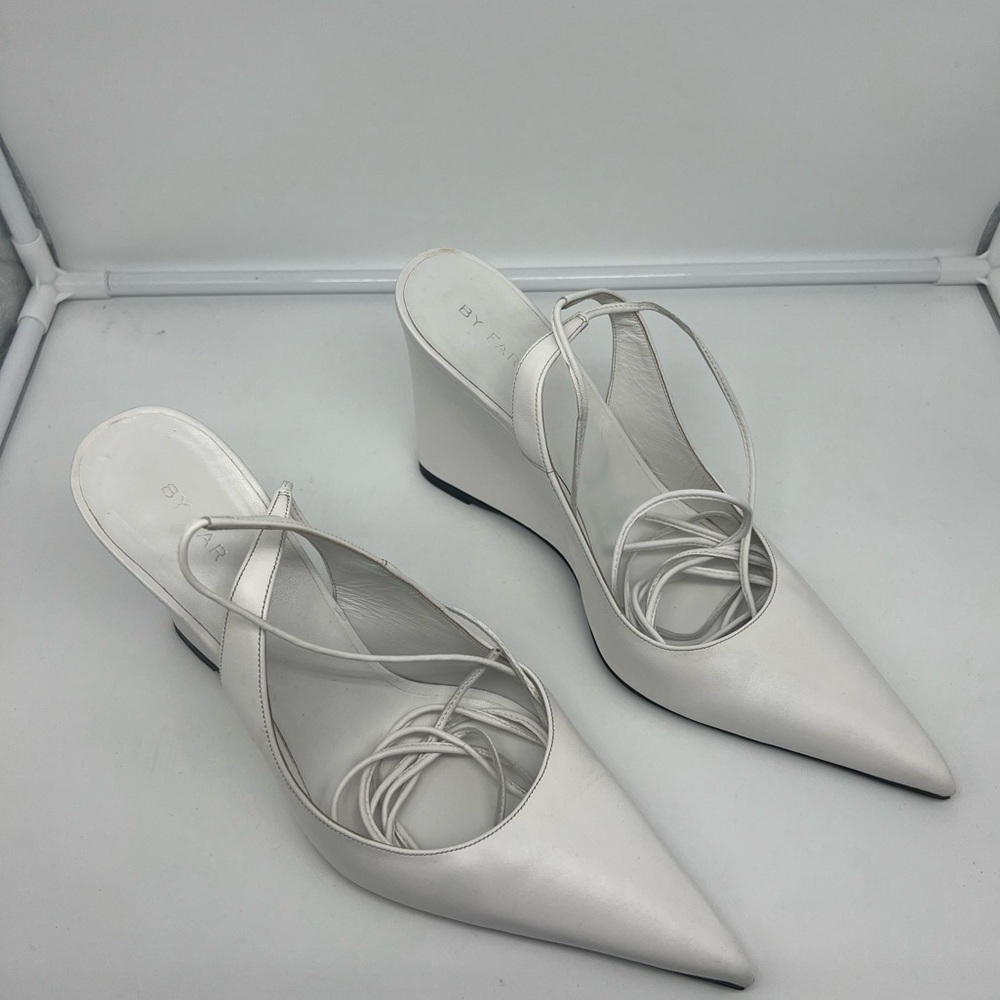 BY FAR Vaughn White Nappa Leather Wedge Gladiator Lace Up Pointed Heels sz 40 - Picture 6 of 13